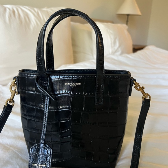 Saint Laurent Calfskin Crocodile Embossed Paris Mini Toy Shopper Tote Black - Picture 5 of 6